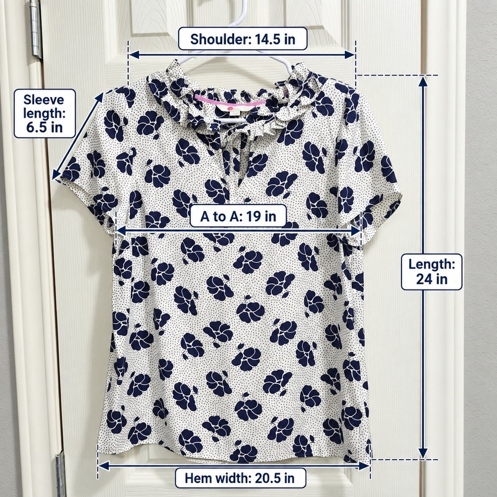Boden Silk Blend Ruffle Neck Floral Polka Dot Blouse Navy White W0133 Size 2 - Picture 7 of 7